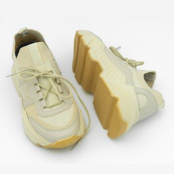 +7 cm Boy Uzatan Gizli Topuklu Bej Renk Kalın Tabanlı Triko Kadın Spor Ayakkabı, Sneaker